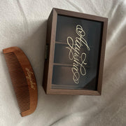 Personalised name engraving on a wooden jewellery box and comb